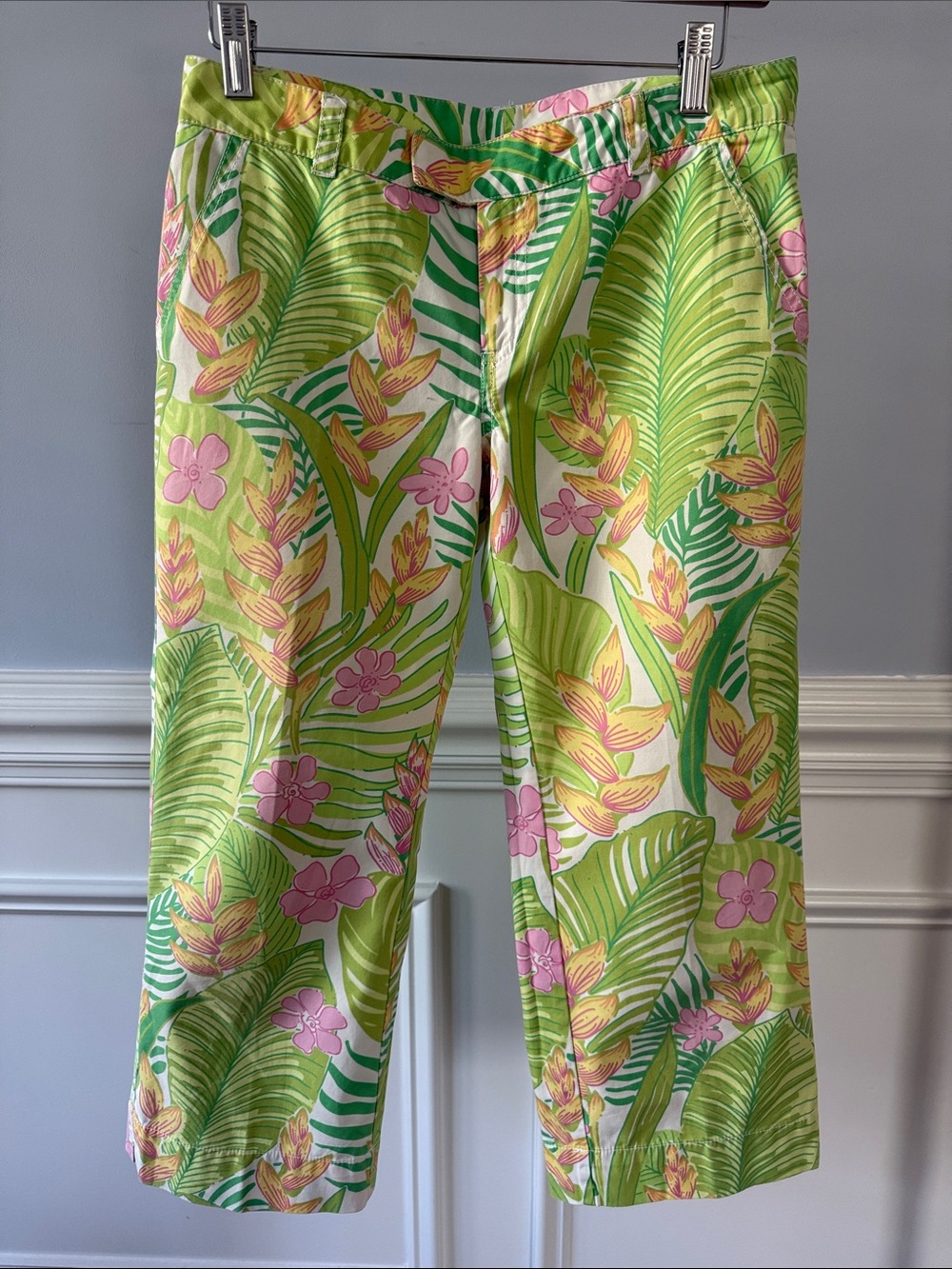 Lilly Pulitzer Botanical Garden Capri Pants Green Pink Tropical Floral Sz 2